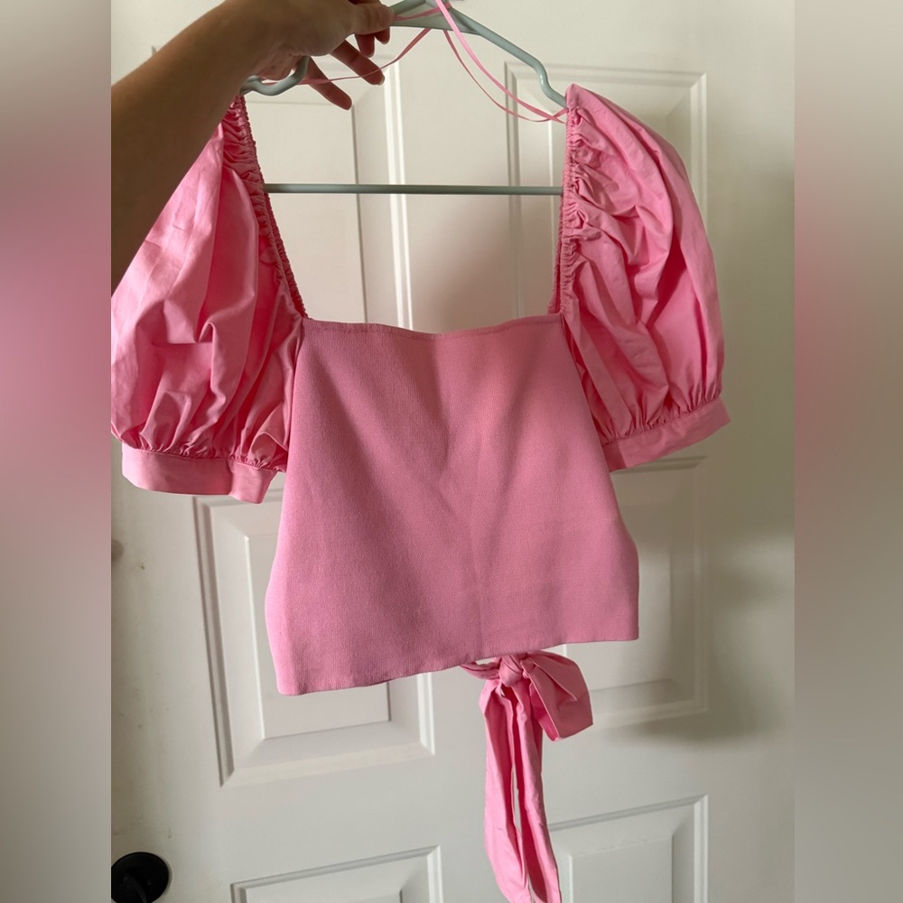 Zara Pink Crop Blouse with Puffed Sleeves and Tie Front